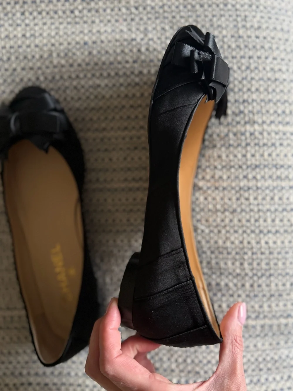 CHANEL Black Satin Peep-Toe Ballet Flats with Bow & Gold CC